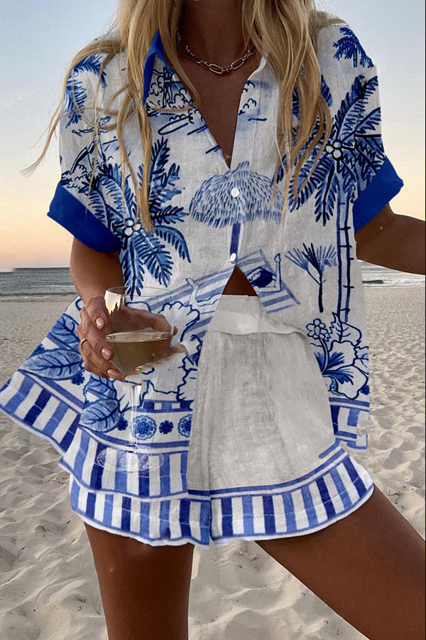 Leinen-Shorts-Set | Palmen-Print